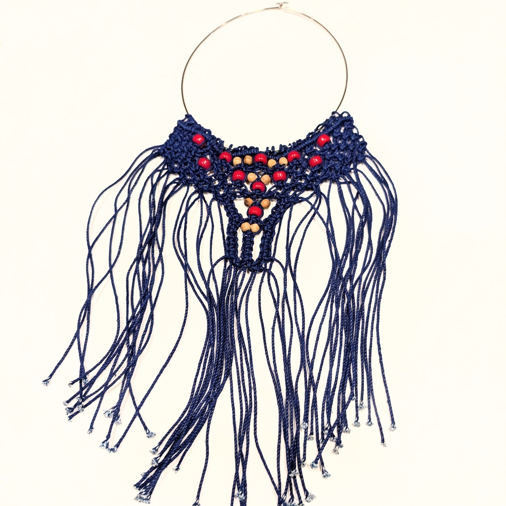 Vintage Boho Navy Crochet Handmade Fringe Tan Red Beaded Necklace Festival
